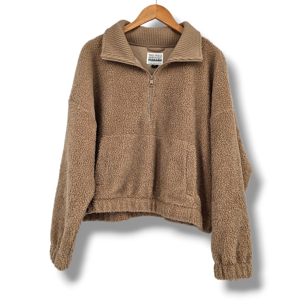 American Eagle Womens Tan Sherpa Fleece Quarter Zip Huggable Pullover Large